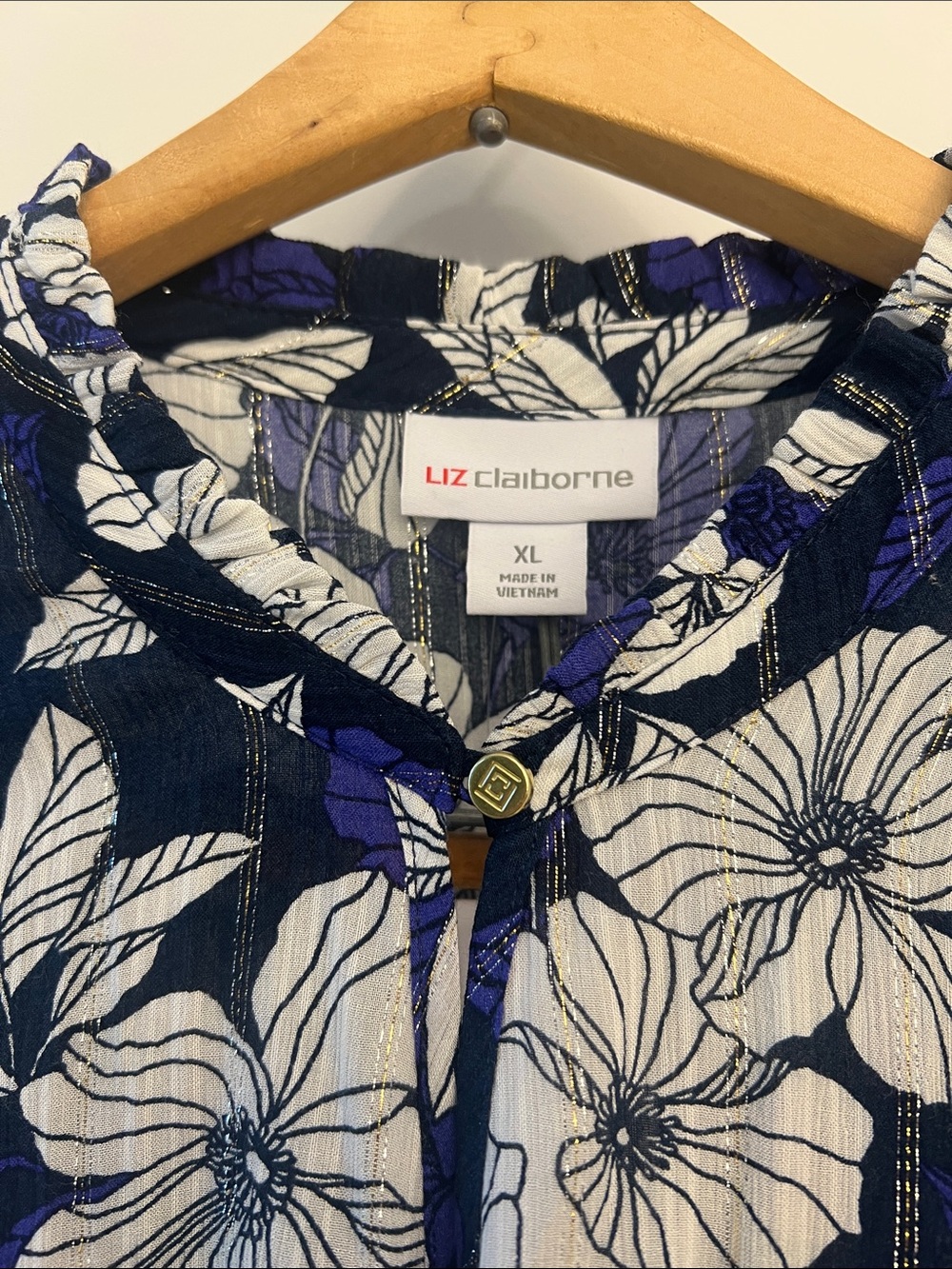 Liz Claiborne Navy, White & Purple Floral Button-Front Blouse - Picture 2 of 8